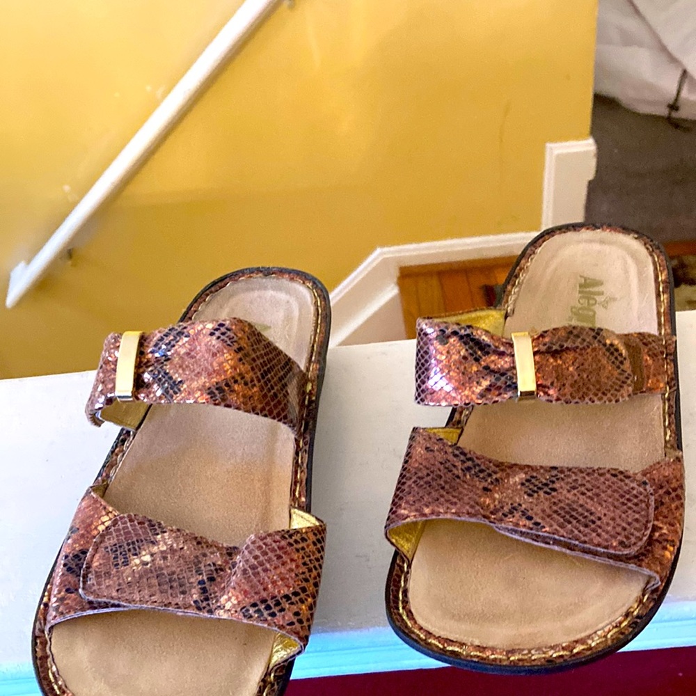 Algeria by PG Lite sandals snake skin flap closure slip on size 9 one inch heel